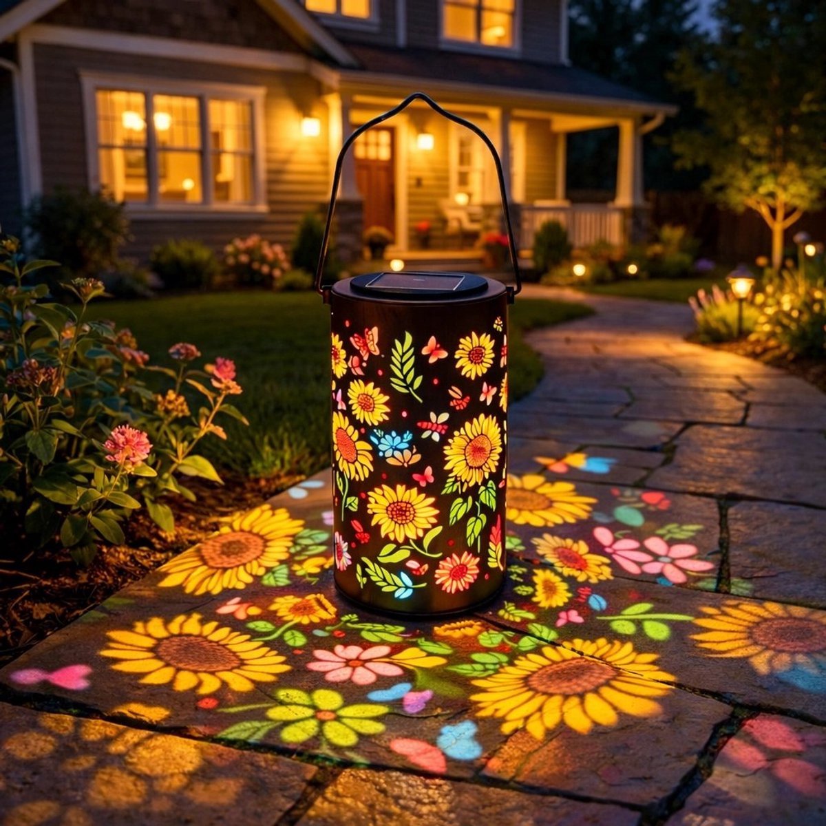 COOAU - Solar Zonnebloem & Vlinder Hangende Lantaarn - Waterdichte LED Projectie Lantaarn 