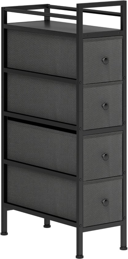 Smalle zwarte ladekast met vier stoffen laden en een metalen frame.