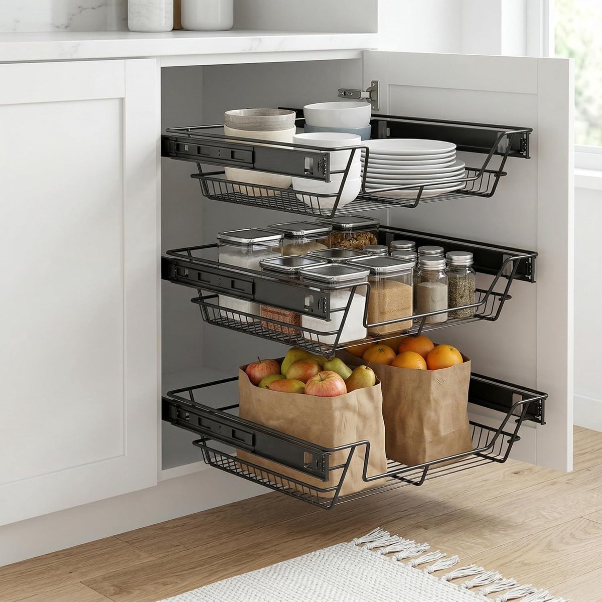 Uitschuifbare Keukenlade - 2 Stuks 60cm - Metalen Telescooplade met Geleiders - Geluidloze Opbergmand - Organizer voor Keuken, Badkamer & Bergruimte - Zwart - NAIZY