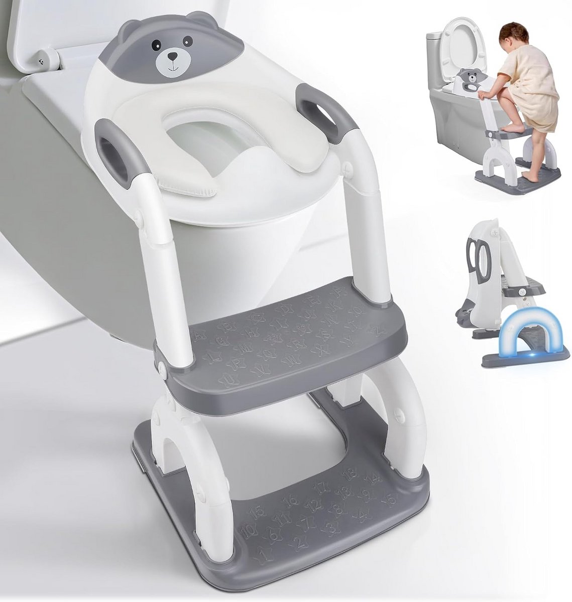 Kinder toilet trainer - Potty training stoel - Zelfstandig naar toilet - Inclusief opstapje - Verstelbaar - Grijs
