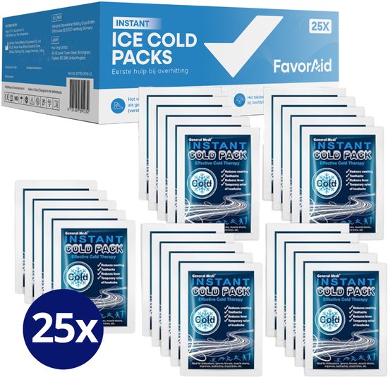 Verpakking met 25 instant cold packs, met de tekst "FavorAid INSTANT ICE COLD PACKS - Eerste hulp bij oververhitting"