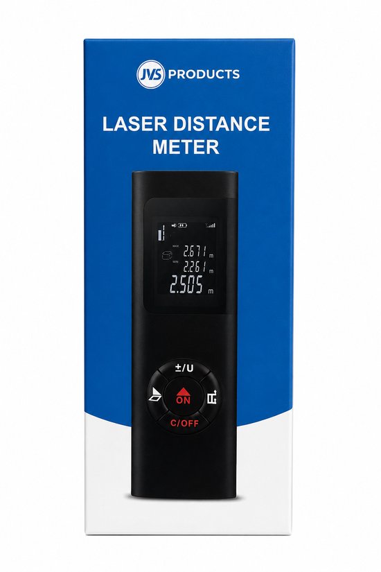 Doos van de JVS Products laser afstandsmeter met een afbeelding van het apparaat.