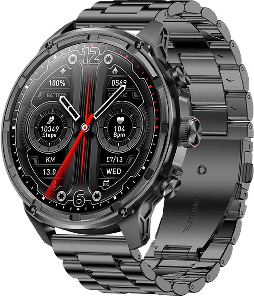 WizBay Premium Select® Ultra Large Screen 1.85 HD Sport Smartwatch Dames Heren - Android en iOS - IP68 - LED Zaklamp - Bluetooth Bellen - Hartslag Adem Slaap en Stress Monitor - Multiple Sport Modi - Smartwatches - RVS Zwart