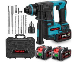 ONEVAN Elektrische Boorhamer - Draadloze Klopboormachine - Borstelloze Boorhamer - Inclusief Borenset, 2x Accu & Oplader - boren tot 27 mm