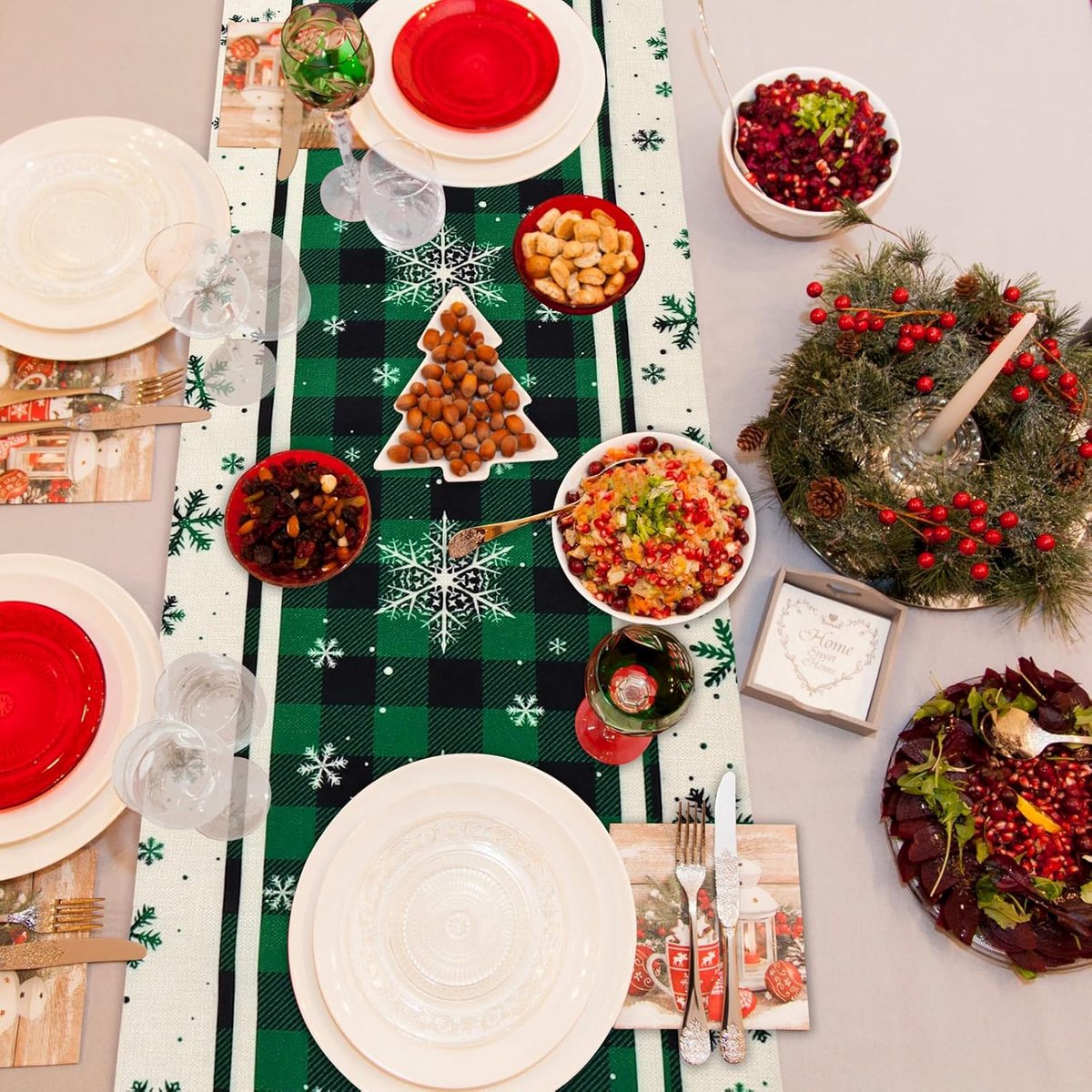 Kerst Tafelloper Groen Geruit met Sneeuwvlokken - 33 x 229 cm - Winter Tafel Decoratie
