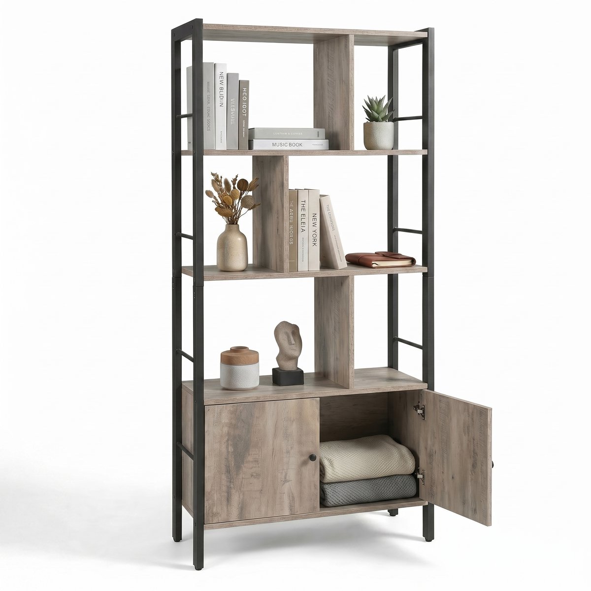Aiverig® Open Wandkast – Industriële Opbergkast & Boekenkast 4 Planken & 2 Deuren – Met Kantelbeveiliging – Voor Woonkamer, Slaapkamer & Kantoor – Khaki Grijs – 74×30×154,5 CM