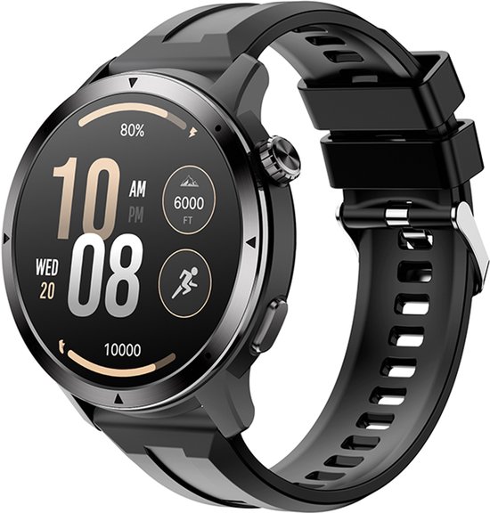 Zwarte smartwatch met ronde wijzerplaat en zwarte siliconen band. De wijzerplaat toont 80%, 10 AM/PM, 6000 FT en een rennende persoon.