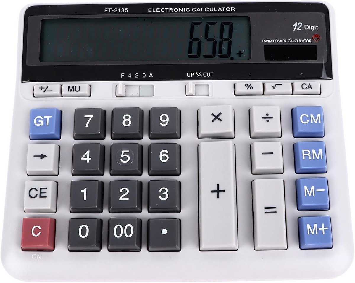 Elektronische Rekenmachine - Grote Toetsen - Snelle Berekeningen - Zonne-energie Functie - 12 Cijfers - Grijs-wit