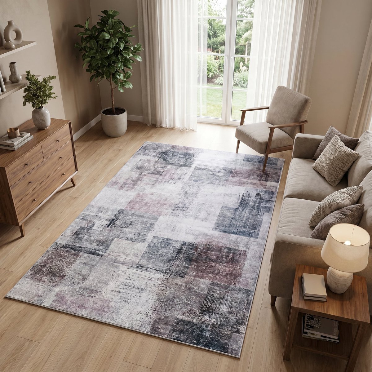 TAPISO Venezia Vloerkleed Woonkamer Laagpolig Grijs Paars Zwart Geometrisch Abstract Antis