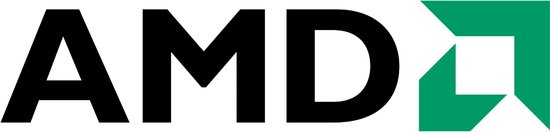 Het zwarte AMD-logo met een groen vierkant op de rechterhoek.
