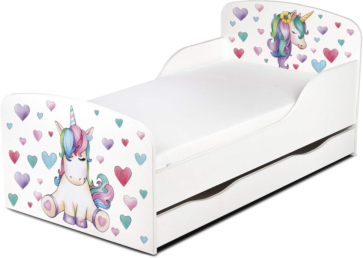 Kinderbed met Lade - Houten Bed - Slaapruimte Creëren - Inclusief Matras - 140x70 cm - Eenhoorn Print