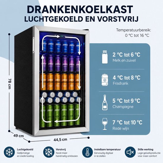 Velmio Koelkast - Koelkasten - Dranken Koelkast - Met Glazen Deur - Voor 126 Blikjes - Mini Bar - Verstelbare Planken - RVS - Zwart/zilver van Velmio — afbeelding 3