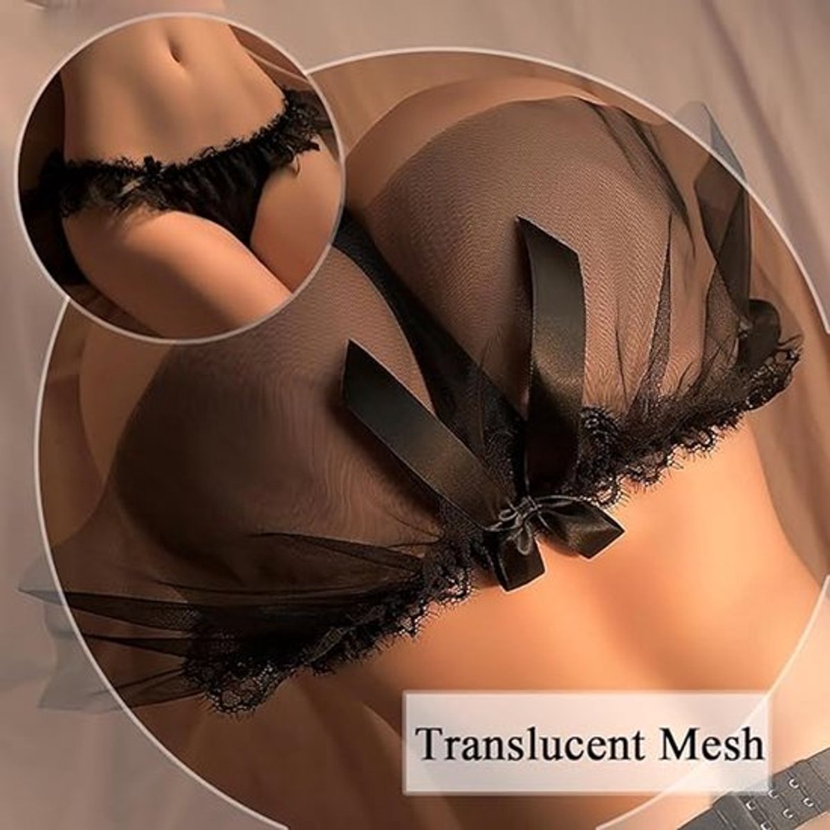 Dames string in rokstijl, sexy lingerie, slipje, mesh, tule, minirok, string, kant, laag uitgesneden ondergoed, transparante ruche, slipje (zwart)