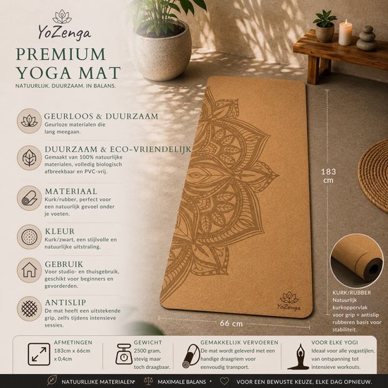 YoZenga Mandala Yoga Mat - Premium Natuurlijk Kurk - Antislip & Schokabsorptie - Inclusief Draagriem - Duurzaam & Eco-vriendelijk van YoZenga — afbeelding 4