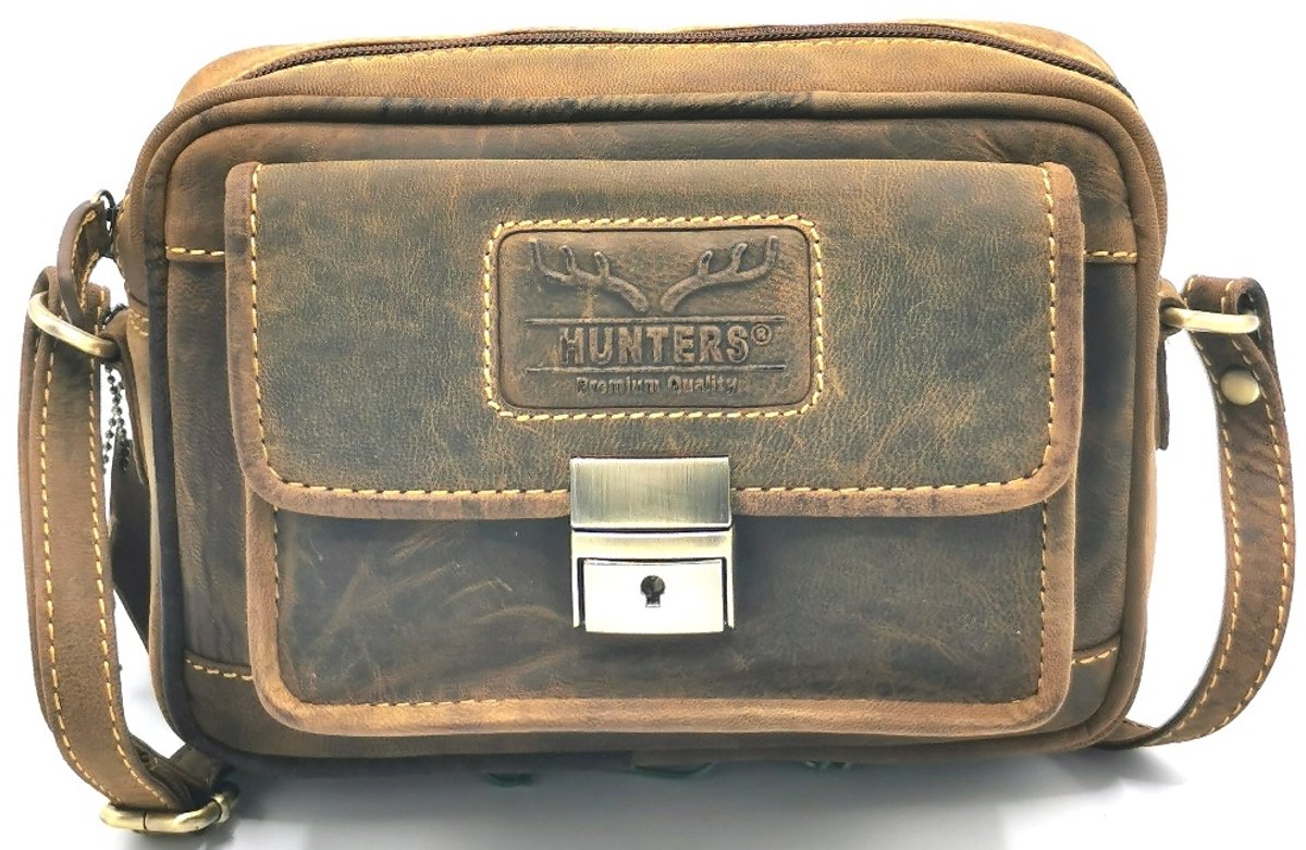 Hunters Schoudertas met Voorvak en Sleutel - Klein Formaat - 20cm x 15cm x 7cm - Buffelleer