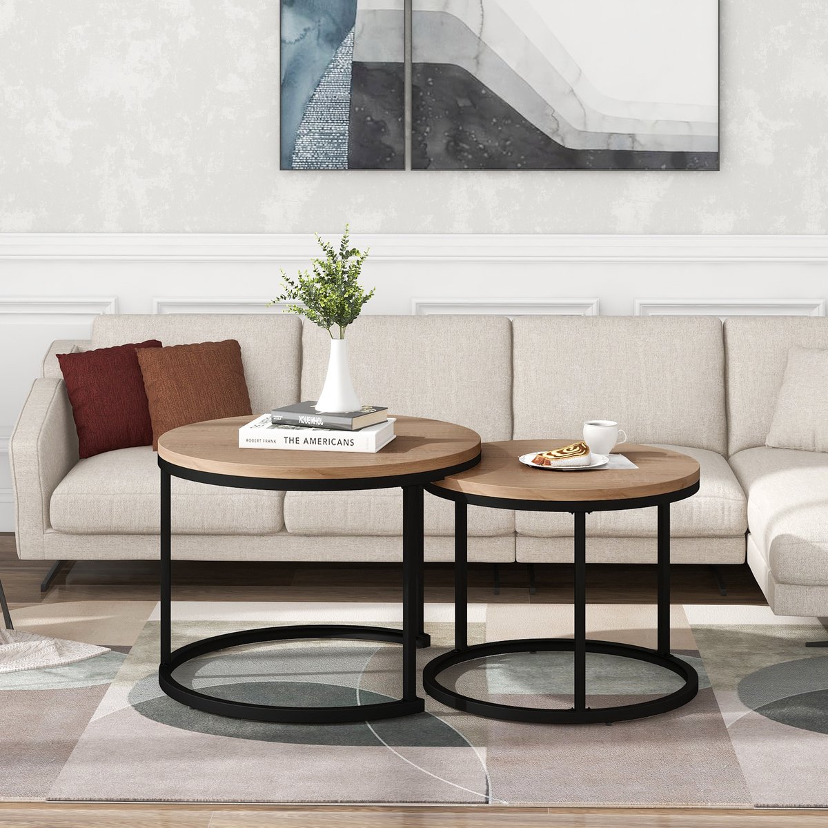 Clruro Salontafelset 2-delig - Rond Nestbaar Ontwerp - Bijzettafels - Hout - Eikenkleur