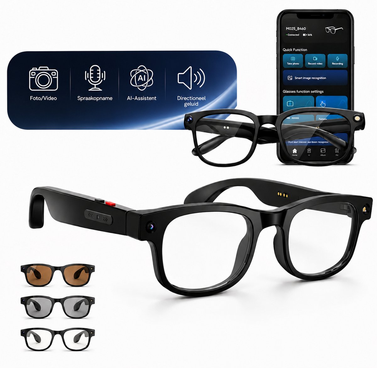 Slimme Bril met Camera – Smart Glasses met App, Vertaling & Muziek - 3 Lenzen – Spy Camera Bril – Ultra Lichtgewicht