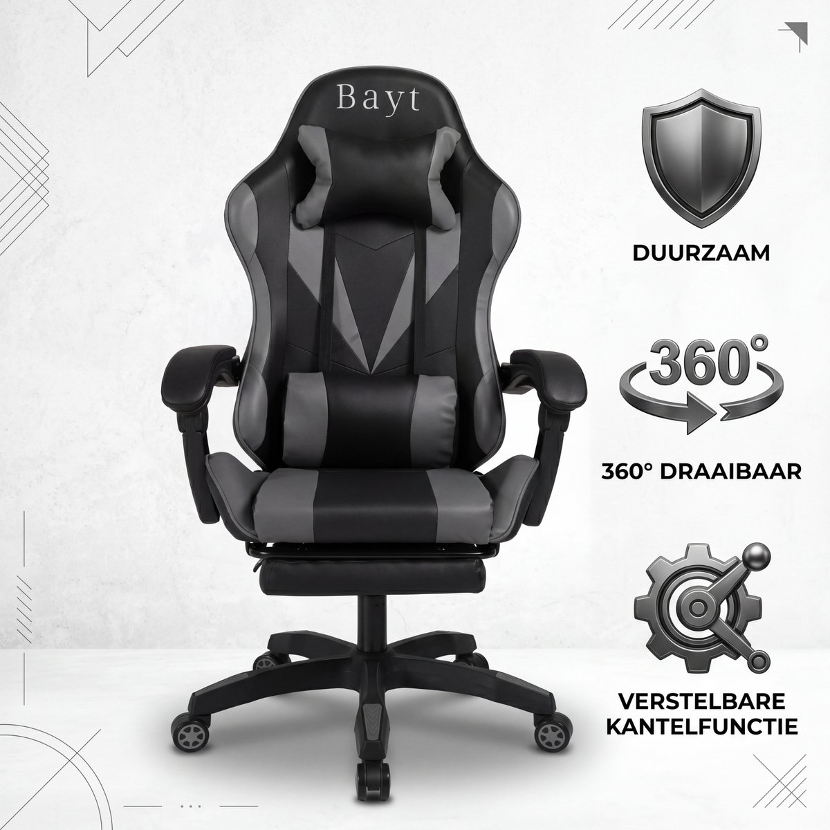 Bayt Gamestoel - Gaming Chair - Gamingstoel - Ergonomische Bureaustoel - Verstelbaar - Zwart en Grijs – foto 3
