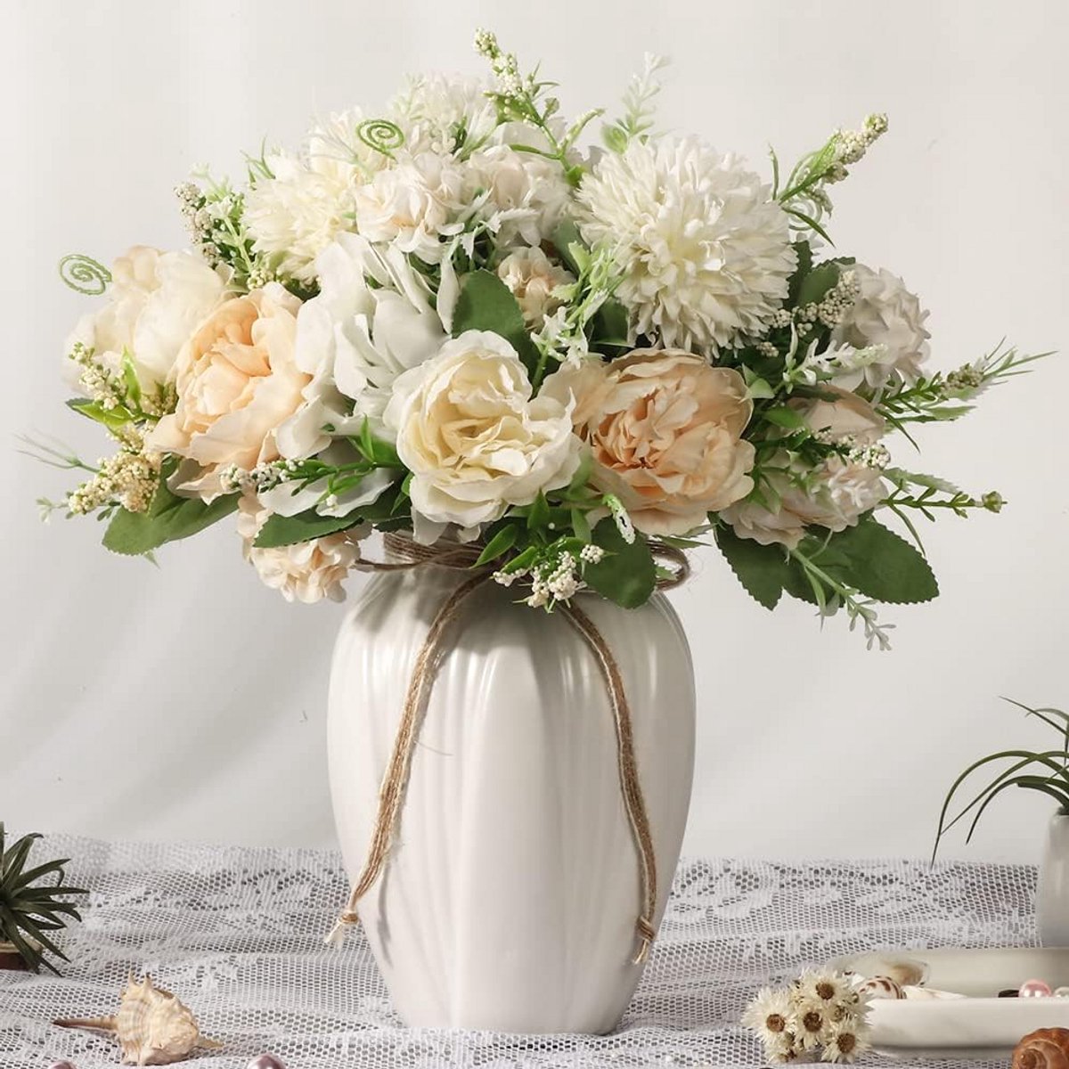 Kunstbloemen met Vaas - Nep Bloemen - Decoratie Huis - Zijde Bloemen - 32 cm Hoog - Wit