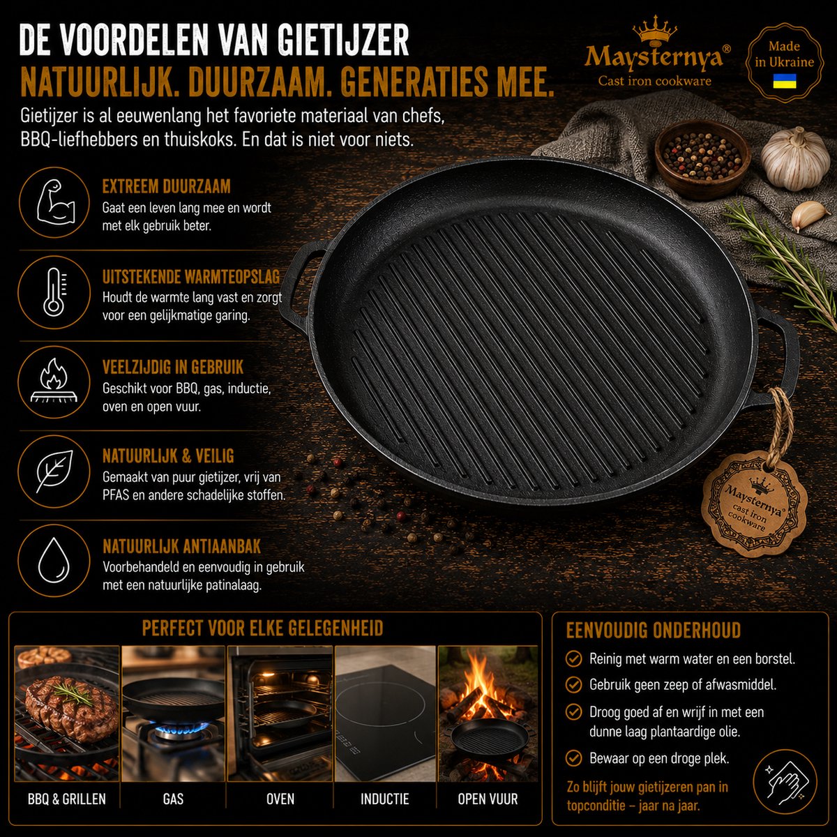 MAYSTERNYA MAYSTERNYA Gietijzeren Grillpan Ø40 cm - afbeelding 5
