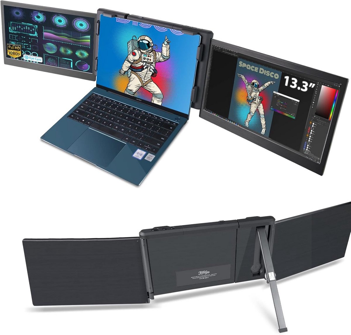 Draagbare monitor - Extra scherm - Multitasken op laptop - Drievoudig display - 133 inch - Zwart