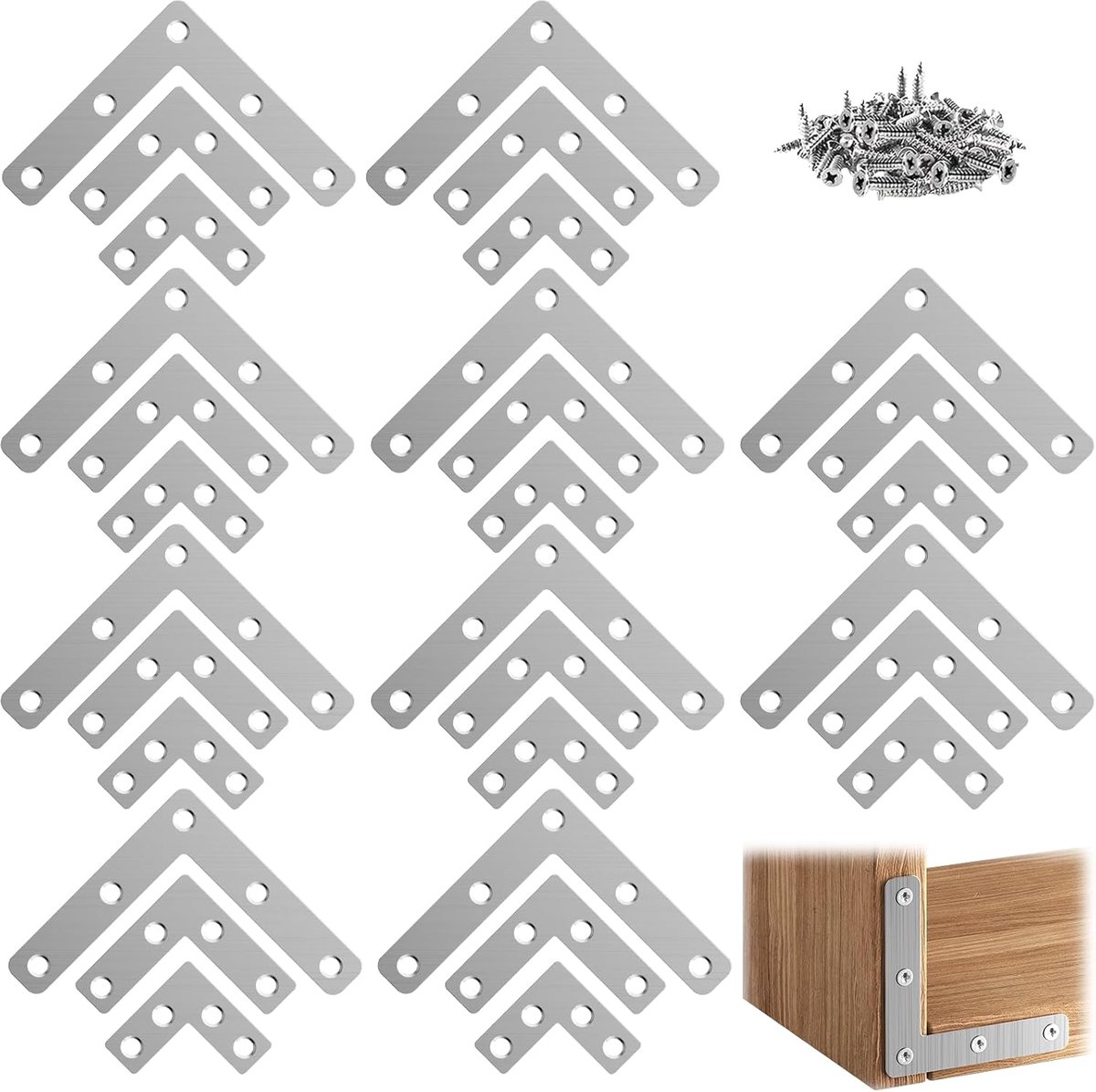 Platte hoekverbinder - L-vorm steun - Meubels verstevigen - Roestvrij staal - 3 maten set - Zilver