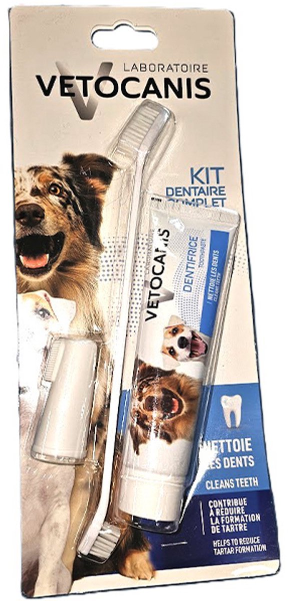 COCAPET - vetocanis TANDVERZORGINGSSET VOOR HONDEN - TANDPASTA 85 GR + VINGERLING + 2 KOPPIGE BORSTEL -HELPT TANDPLAK EN TANDSTEEN TE VOORKOMEN