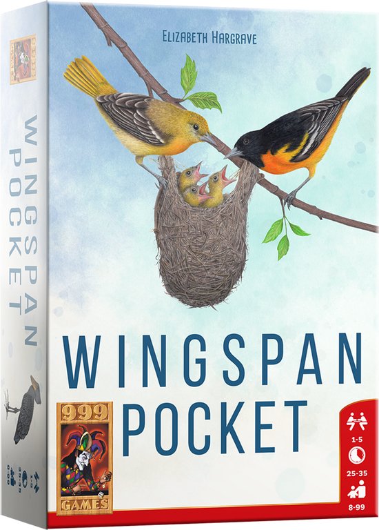 Doos van het bordspel Wingspan Pocket met illustratie van een nest met vier jonge vogeltjes en twee volwassen vogels.