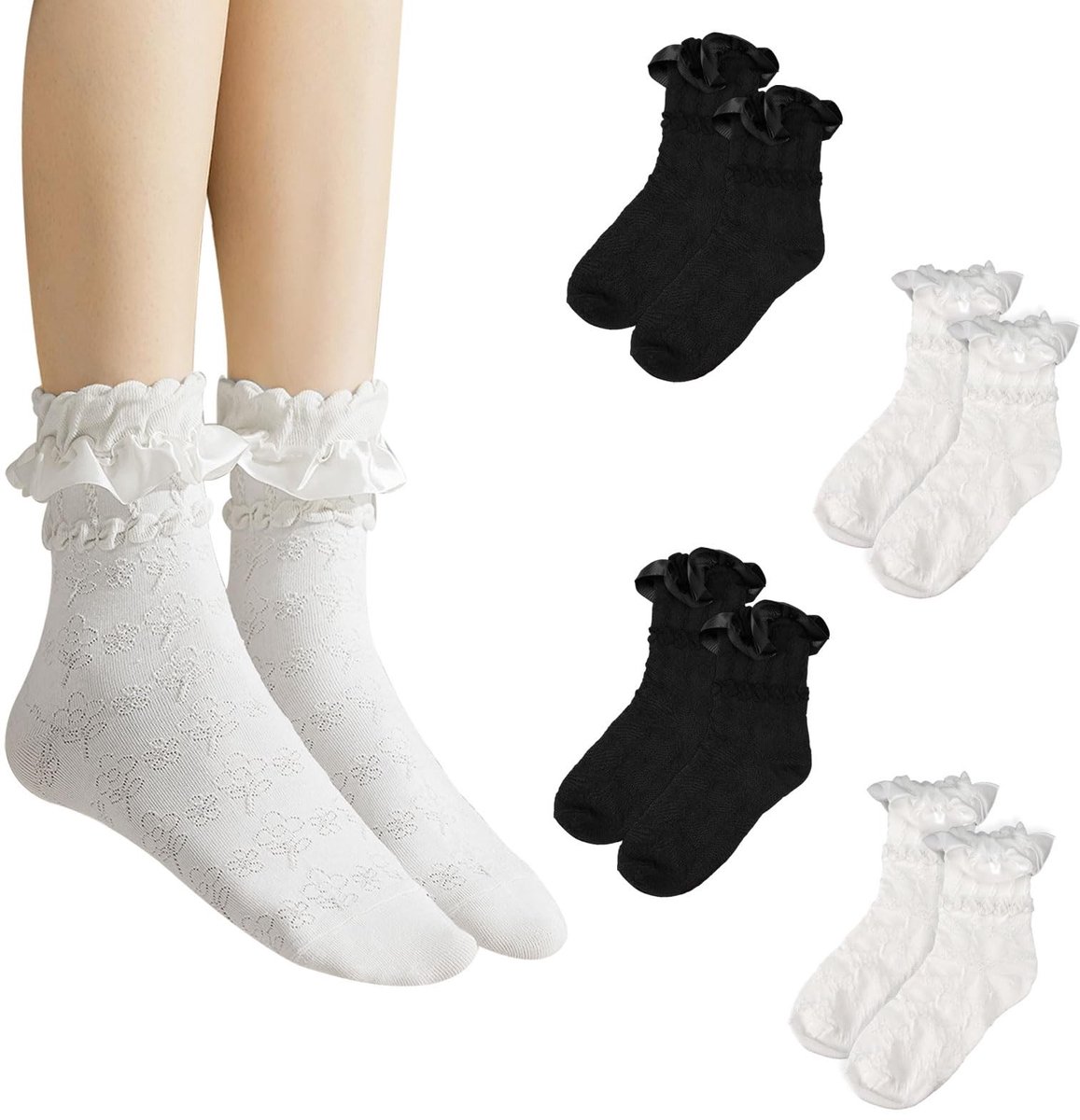 Dailygoods- Kanten Sokken - 4 Paar - Zacht Ademend - Prinsessensokken - Katoenen Sokken - Elegante Ruches - Perfecte Pasvorm - Enkelsokken