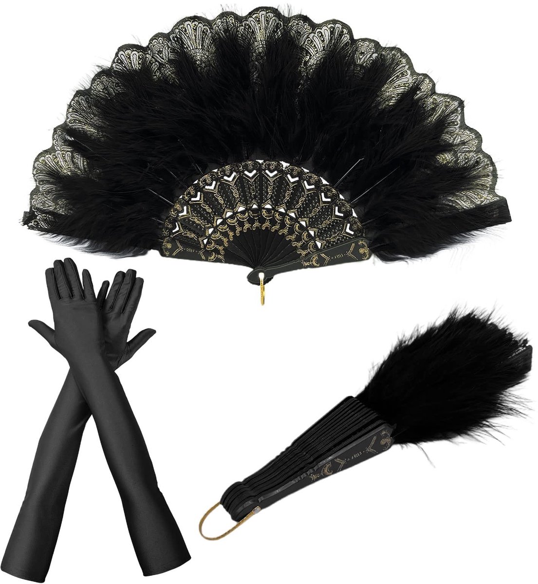 Dailygoods- Verenwaaier Vintage Stijl - Inklapbare Handwaaier - Zwarte Satijnen Handschoenen - Kostuumaccessoire - Feest/Photoshoot - Materiaal: Zijde/Veer/Kunststof