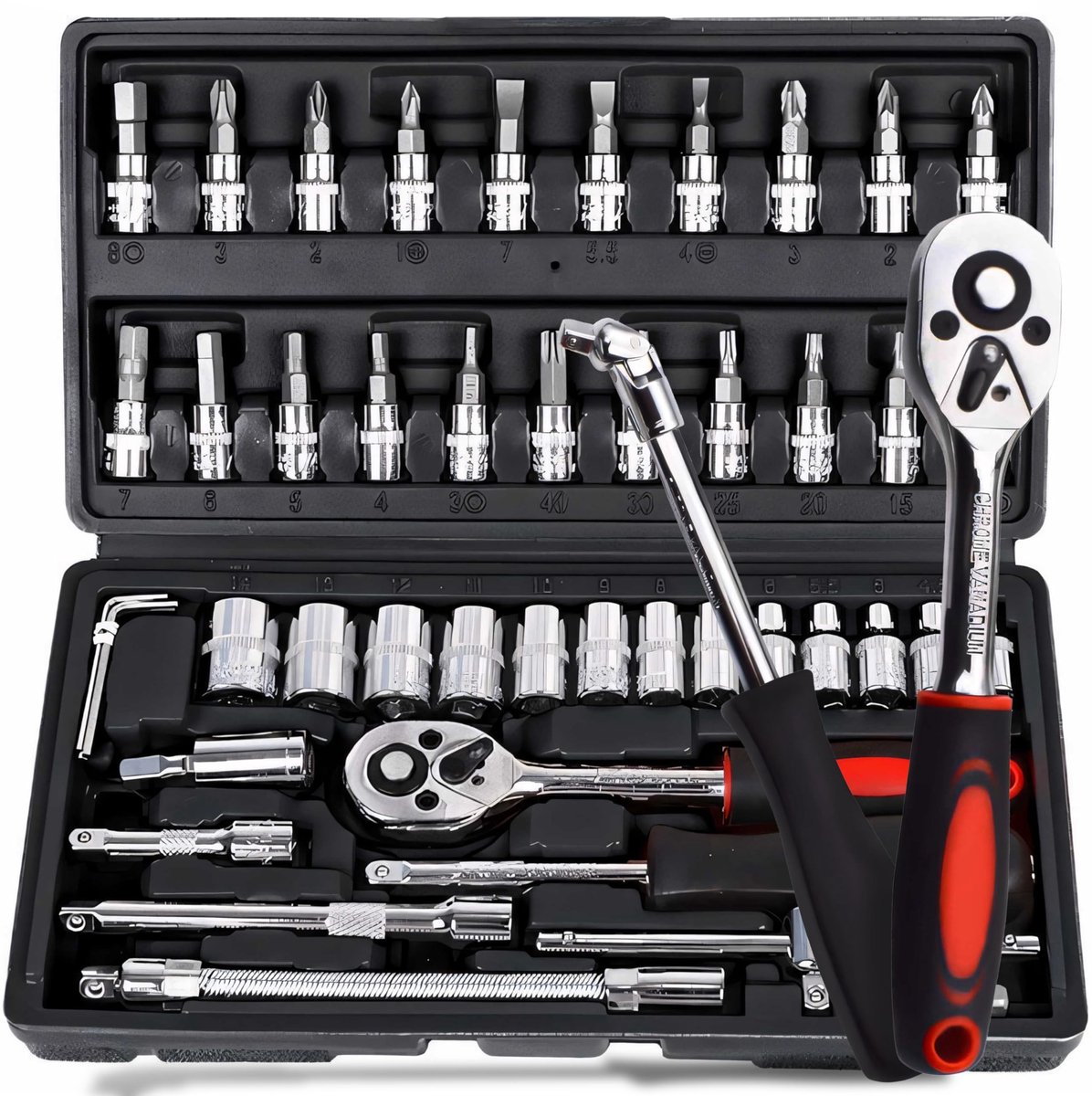Dailygoods- Steeksleutelset 46-Delig - Omkeerbare Ratelschroevendraaier - Universele Moeren - Gereedschapsbox - Ergonomisch Ontwerp - Robuust Staal - Dopsleutelset