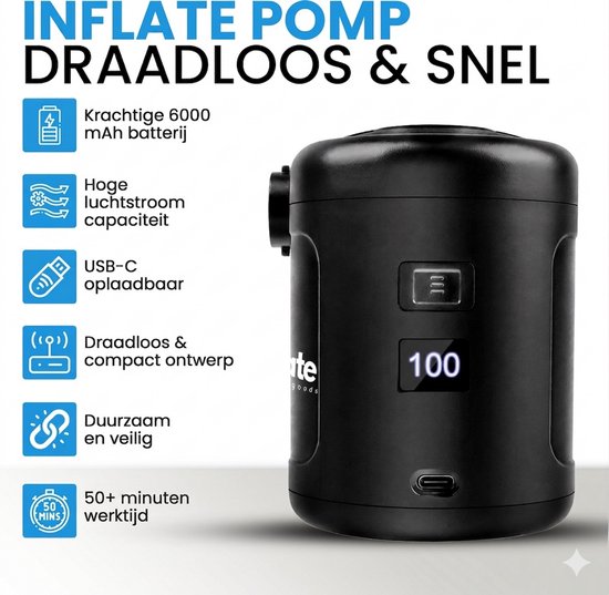 Inflate Oplaadbare Luchtpomp - Elektrisch & Draadloos - 5200 mAh accu - 280 Liter/Min - Luchtbedpomp & Zwembadpomp van Merkloos — afbeelding 2
