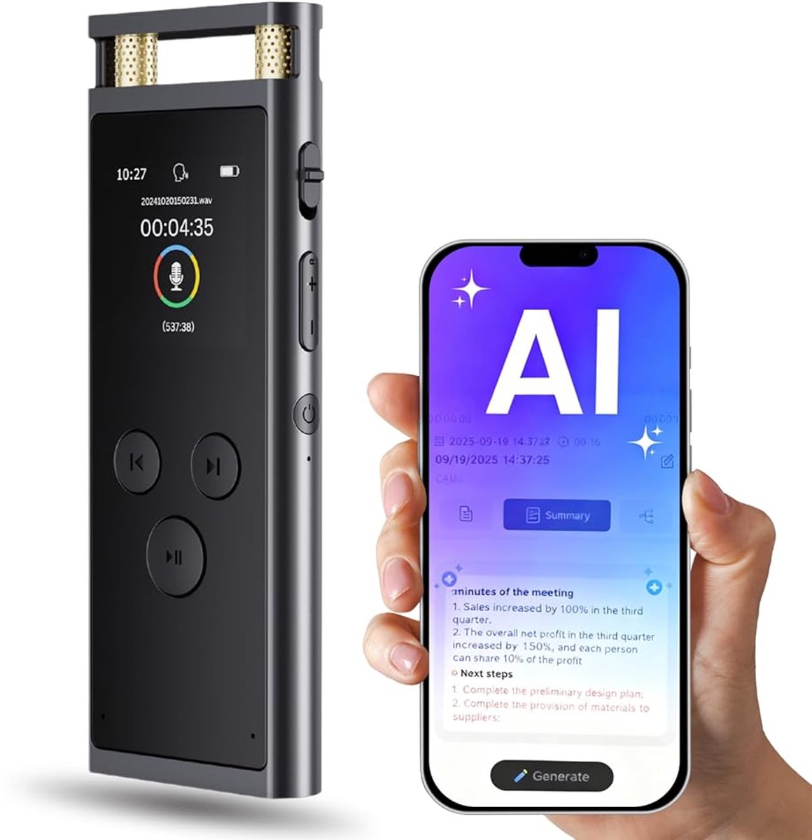 64GB AI Voice Recorder - Transcriptie & Samenvatting - 102 Talen
