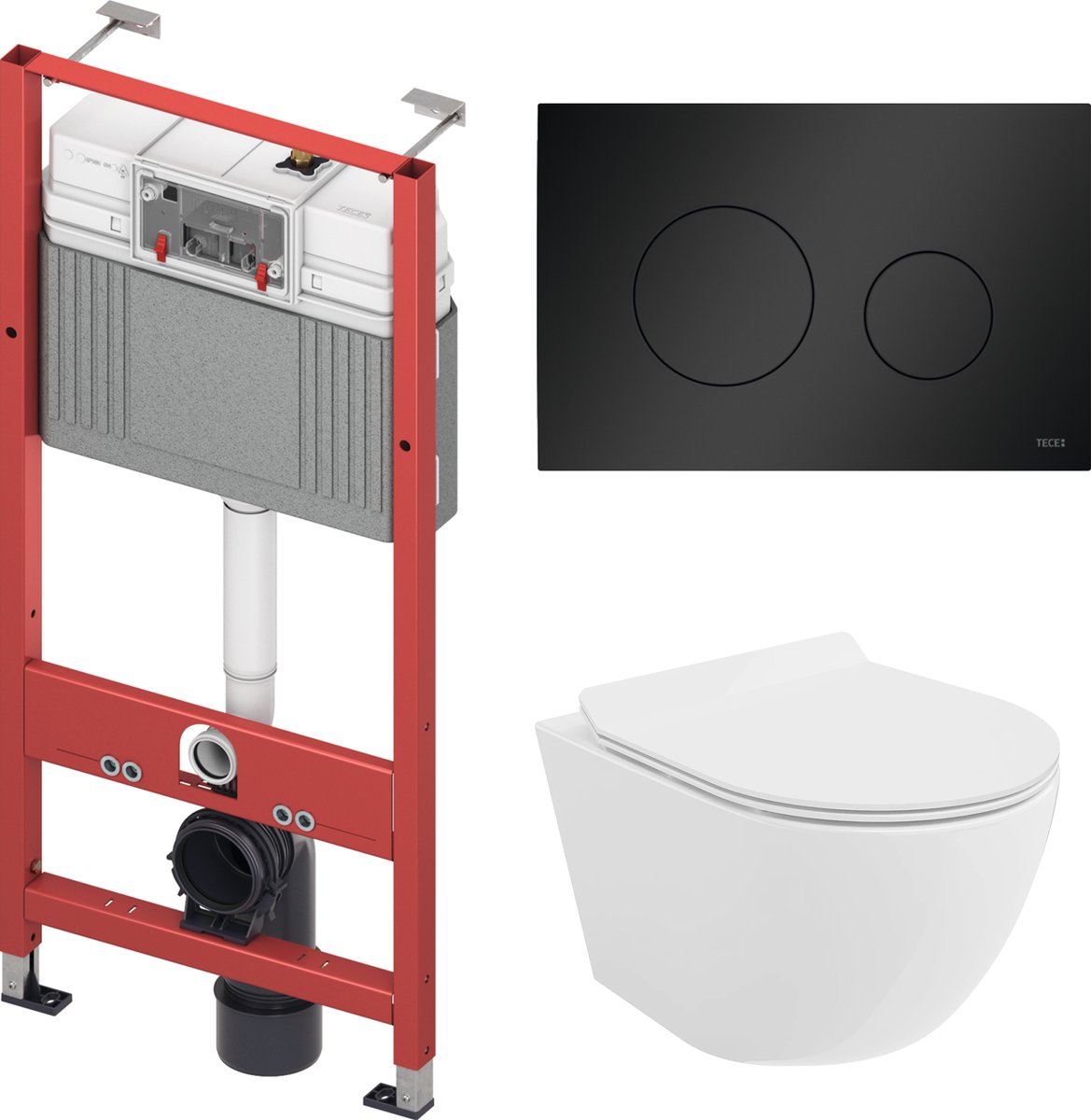 Badland Rolo toiletset - wandtoilet met TECEbase inbouwreservoir en bedieningsplaat zwart - wit, ronde knoppen