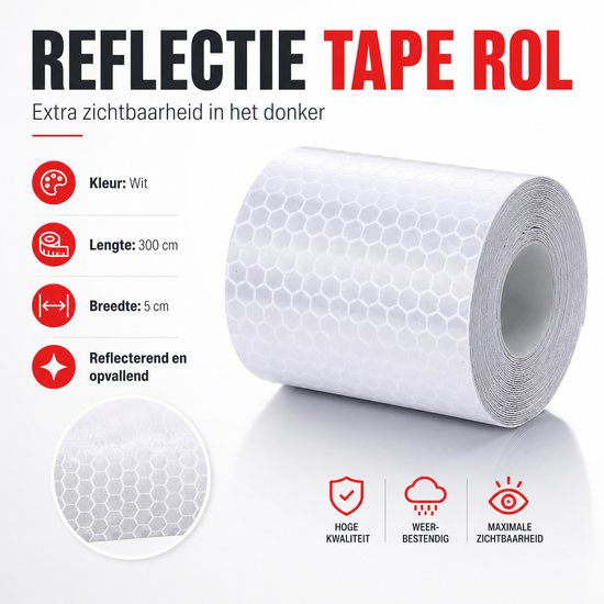 Witte reflecterende tape rol, 300 cm lang, 5 cm breed, extra zichtbaarheid in het donker.