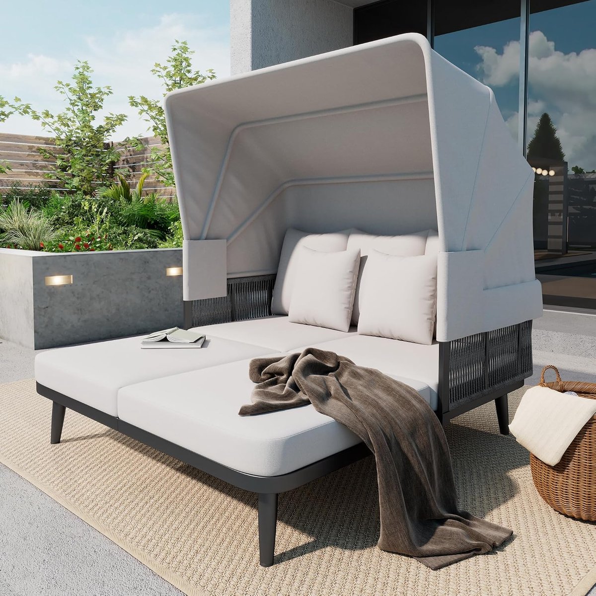 Tuinbank met Intrekbare Luifel 151x146x145 cm voor 2 Personen – Loungesofa met 10 cm Dik Kussen, Handgeweven Touw, Verzinkt Stalen Frame, Weerbestendig Tuinmeubel voor Balkon, Terras en Tuin Grijs – Mobili Bella