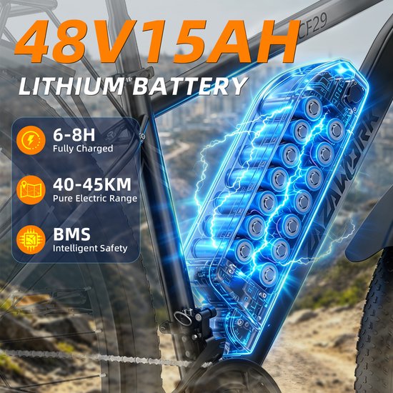 ZAZAWORK CF29 29" Elektrische Fiets 250W 48V 15Ah - 21 Versnellingen - 80-100 km Actieradius - Shimano - LED Display - Stads- & Mountainbike -Zwart-Grijs — afbeelding 3