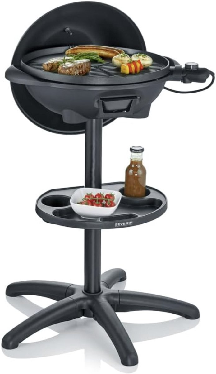 Barbecue-/staande grill met kap, elektrische grill met thermostaat, grillplaat met keramische coating, 2.000 W, grilloppervlak Ø 41 cm, mat zwart,