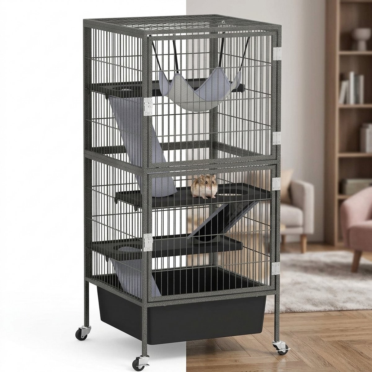 Hamsterkooi - Cavia kooi - Rattenkooi - Huisje - 3 Niveaus - Verwijderbare Lade - Met Voederstation - Zaag - Loopplank - Hutten - Hangbrug - 52B x 52D x 115H cm - Staal