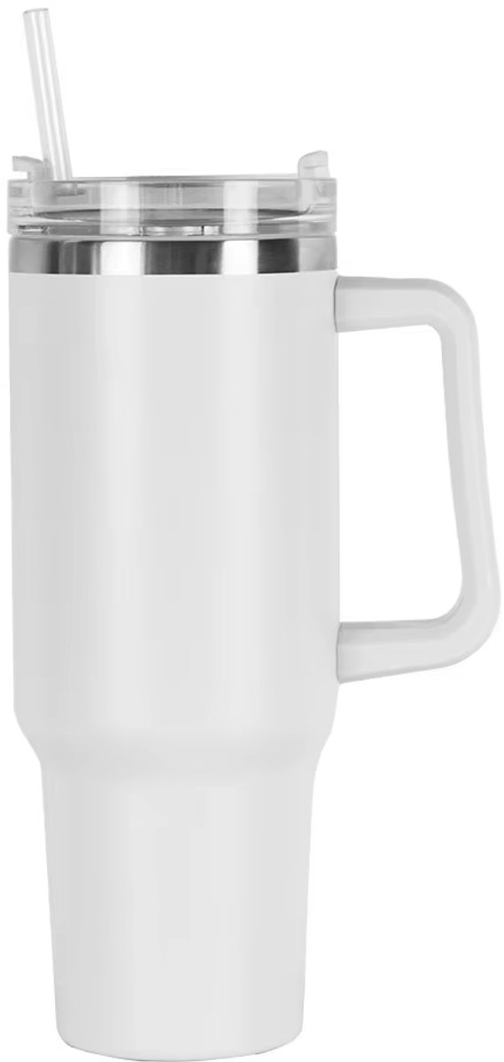 Drinkfles Tumbler met Rietje 1.2 Liter (wit)- Waterfles voor Kinderen & Volwassenen - RVS Thermosbeker voor school onderweg reizen