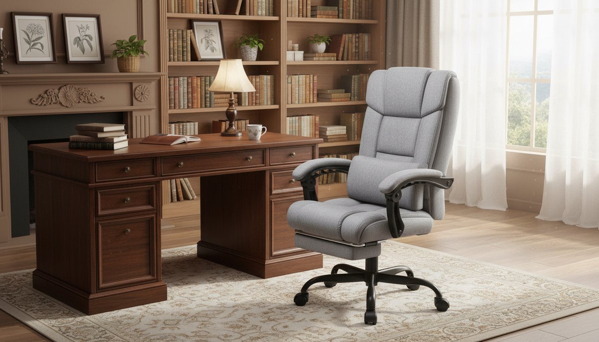 Bureaustoel Ergonomisch met Voetensteun en Verstelbare Lendensteun - House&Garden Executive Relax Pro - Directiestoel met Hoge Rugleuning, Hoofdsteun, Kantelfunctie 90°-150°, Verstelbare Hoogte en Wielen - Grijs Linnen