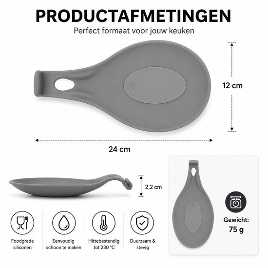 Donkergrijze siliconen lepelhouder, 24 cm lang, 12 cm breed, 2,2 cm hoog. Foodgrade, makkelijk schoon te maken, hittebestendig & duurzaam.