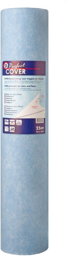 Een rol lichtblauw afdekvlies met daarop een etiket met de tekst 'Perfect COVER extra bescherming voor trappen en vloeren'.