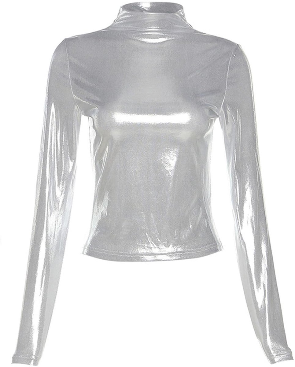 Cosensi- Top Metallic Uiterlijk - Dames Tuniek - Lange Mouwen - Slimfit Casual Trui - Effen Lederlook - Sexy Party T-shirt
