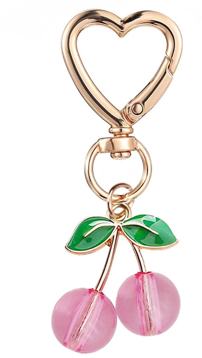 MTTproducts- Sleutelhanger Kersendesign - Schattige Sleutelhanger - Tassenhanger - Gouden Hartclip - 7,5 cm - Felroze Bedels - Tashanger