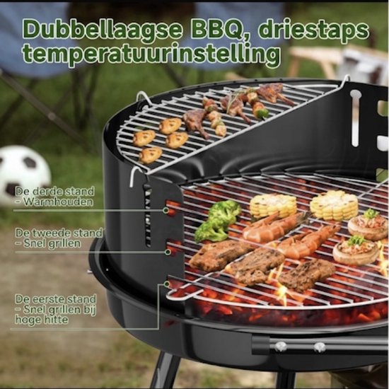 Homelux Draagbare houtskoolgrill + BBQ-spies met bevestigingsclips - Ronde grill met wielen en windscherm - BBQ - Hoogte verstelbaar - roestvrijstalen rooster voor tuin en camping van homelux — afbeelding 3