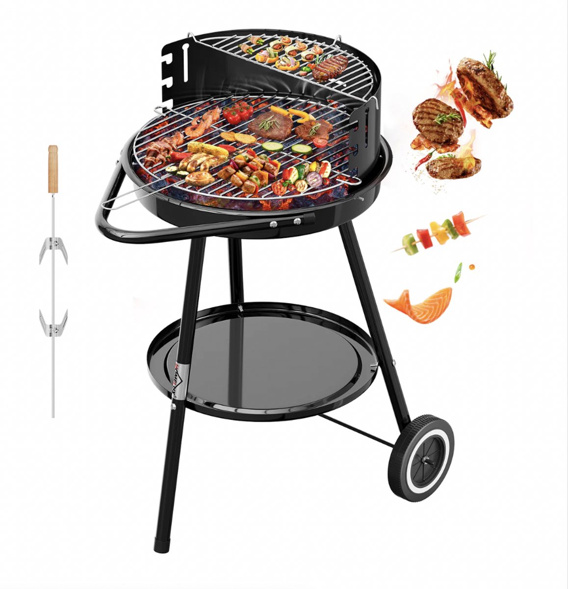 Homelux Draagbare houtskoolgrill + BBQ-spies met bevestigingsclips - Ronde grill met wielen en windscherm - BBQ - Hoogte verstelbaar - roestvrijstalen rooster voor tuin en camping
