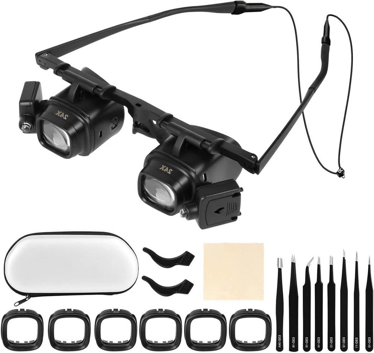 Vergrootglas met Licht en 8 Pincetten, 2 LED Lampen, Verstelbare Lens en Lichthoek, Loupe met 4 Verwisselbare Lensen - 2X, 6X, 10X, 24X voor Juweliers en Horlogemakers