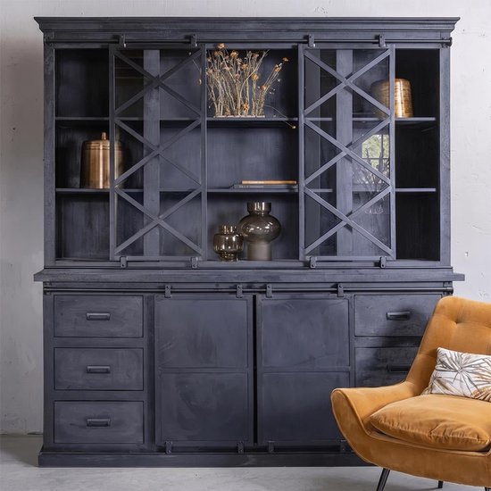 Mangohouten Buffetkast Denver Black 160×220 cm Dubbele Deurtjes X Mahom Industrieel – Vitrinekast van Mangohout & Metaal – Industriële Buffetkast