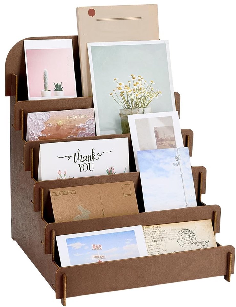 Dailygoods- Wenskaart Display 5-Tier - Houten Kaarthouder - Ansichtkaart Rack - Stickers/Briefpapier - Retail/Beurs - 11,8 x 11,8 x 14,2 cm - Kaartstandaard